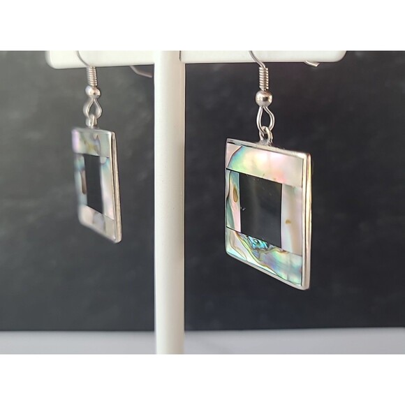 Alpaca Mexico Abalone Shell Enamel Square Shaped Dangling Earrings Vintage - Picture 1 of 10